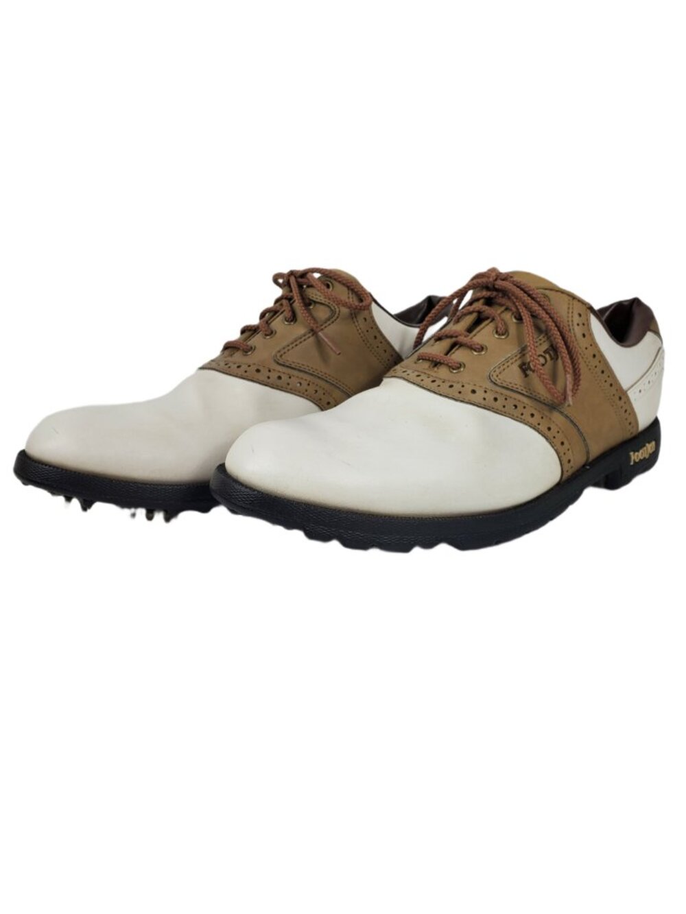 FootJoy GreenJoys Men's Golf Shoes Size 9.5M White Tan Saddle Style Soft Spikes